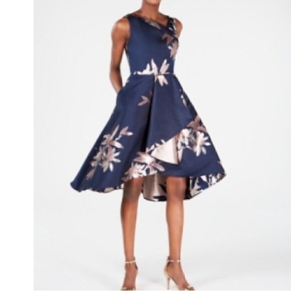 Adrianna Papell, Jacquard Halter Dress, Size 4(US), navy blush - Picture 3 of 14